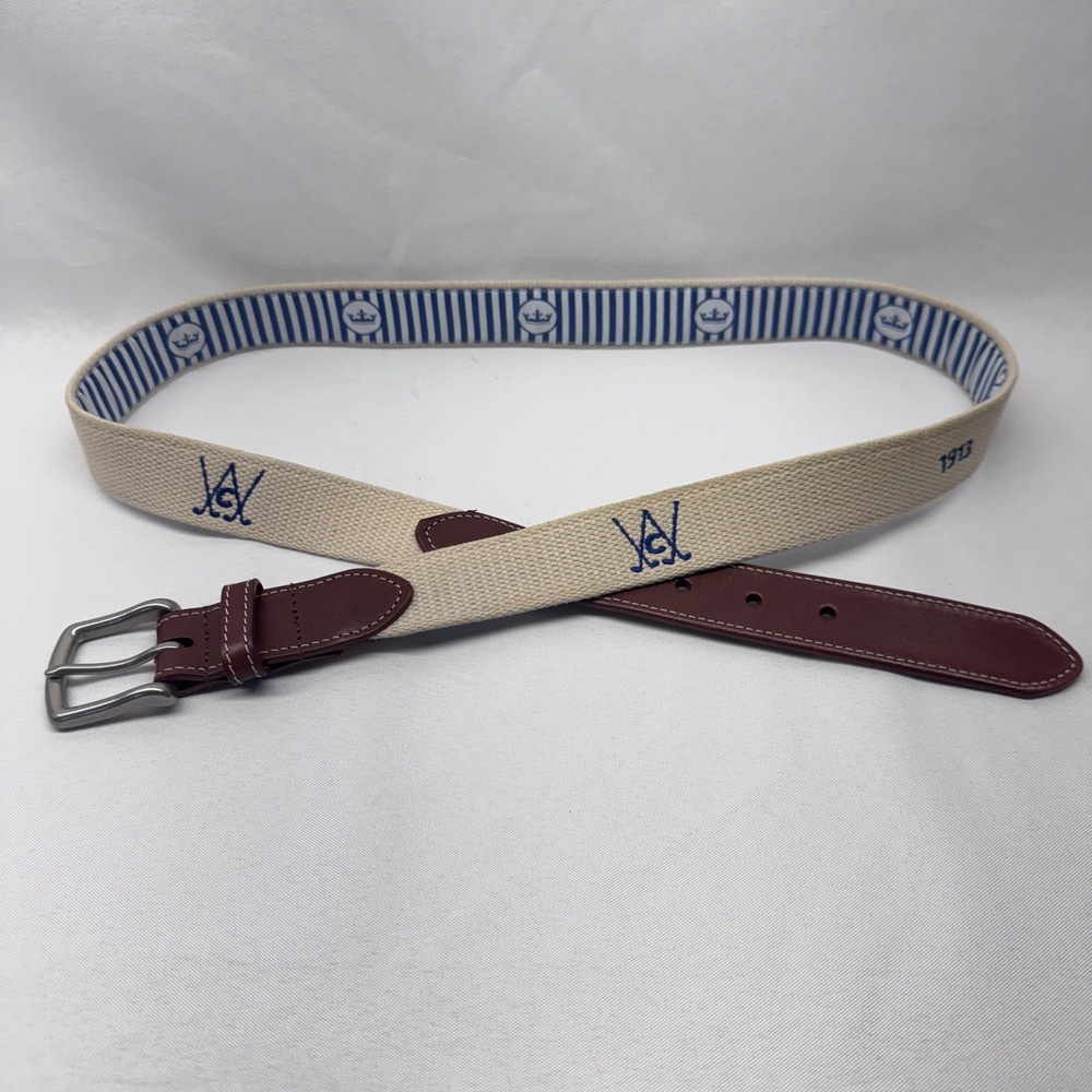 Peter Millar Golf Belt Mens 42 Cream Burgundy Canvas Leather Preppy Golfcore